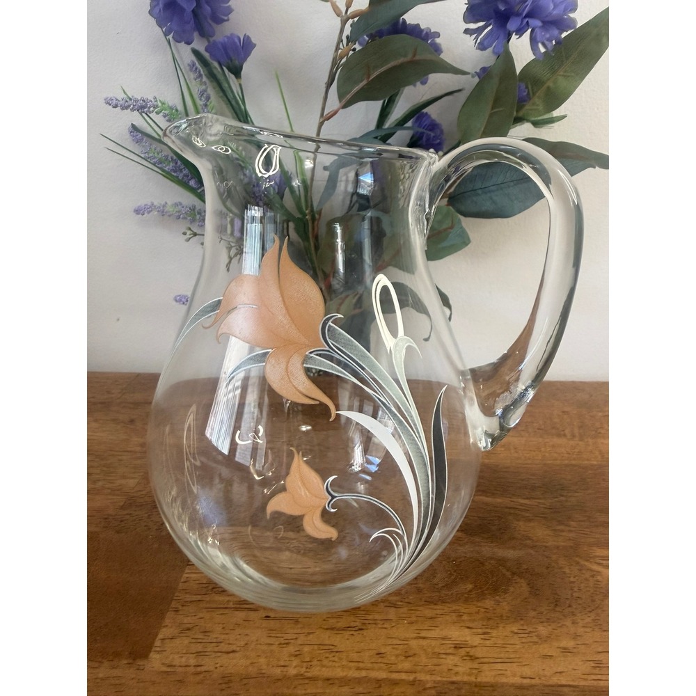 Vintage Mid Century Floral‎ Glass Pitcher Orange Lily Design Retro Barware Jug